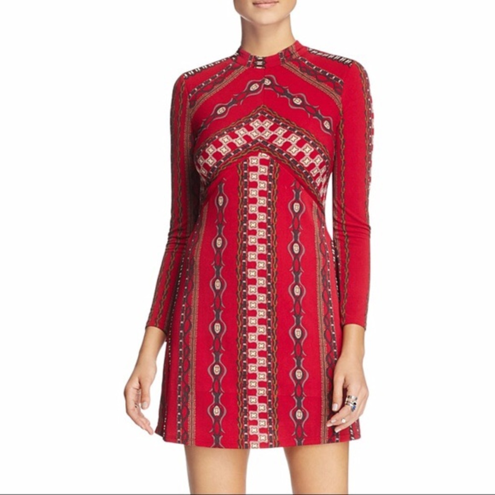 Free People Red Patterned Long-Sleeve Mini Dress